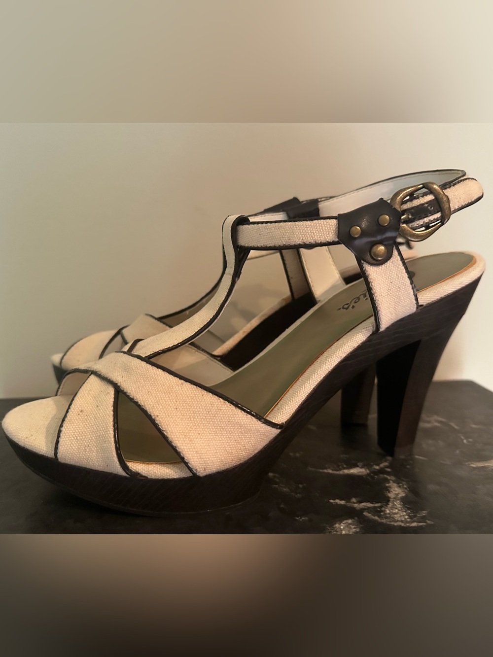 Candies cream linen brown leather trim high wood heels ankle strap 8.5 sandals